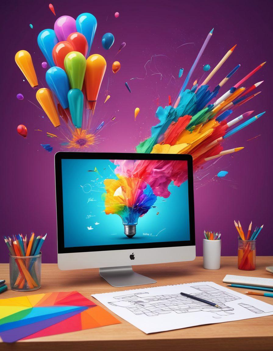 A dynamic split-screen image showcasing the journey of visual marketing: one side features a conceptual sketch with pencils and color swatches, leading to the other side with a vibrant, eye-catching digital advertisement on a computer screen. Include elements like a light bulb representing ideas, creative tools scattered around, and vibrant marketing graphics floating in the air. Focus on a sense of transformation and creativity. super-realistic. vibrant colors. 3D.