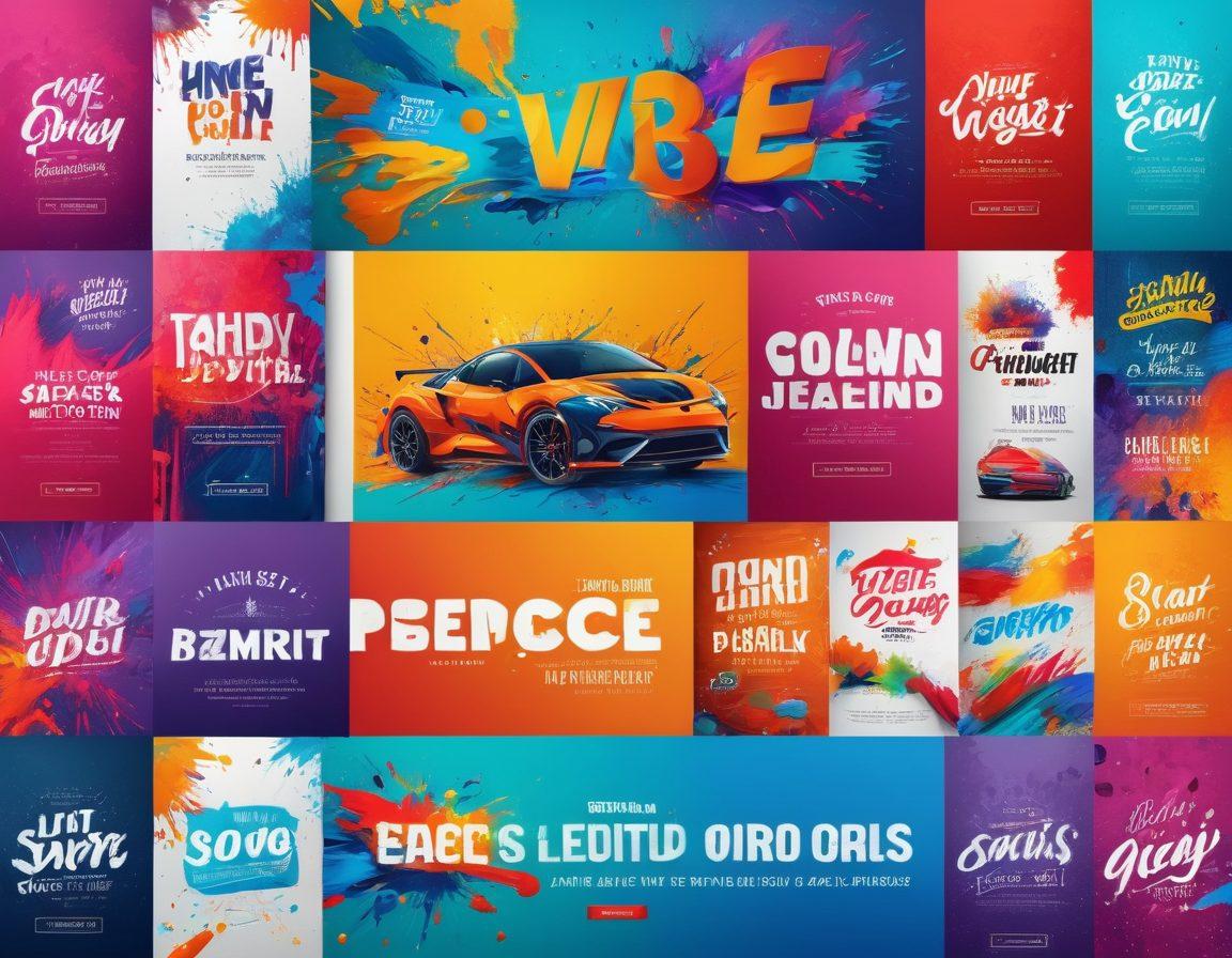 A vibrant collage of artistic banner designs showcasing various brands, each with unique color schemes and typography that reflect their identity. Include elements like paint splashes, digital graphics, and textures in the background to emphasize creativity. The scene should evoke a sense of admiration and inspiration for marketing professionals, with a focus on banners that tell a story about the brand. super-realistic. vibrant colors. 3D.